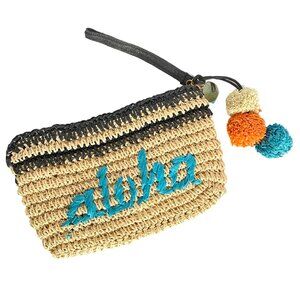 Made with ALOHA Cream Cornhusk Zipper Clutch Handbag Purse Wristlet Pom Poms